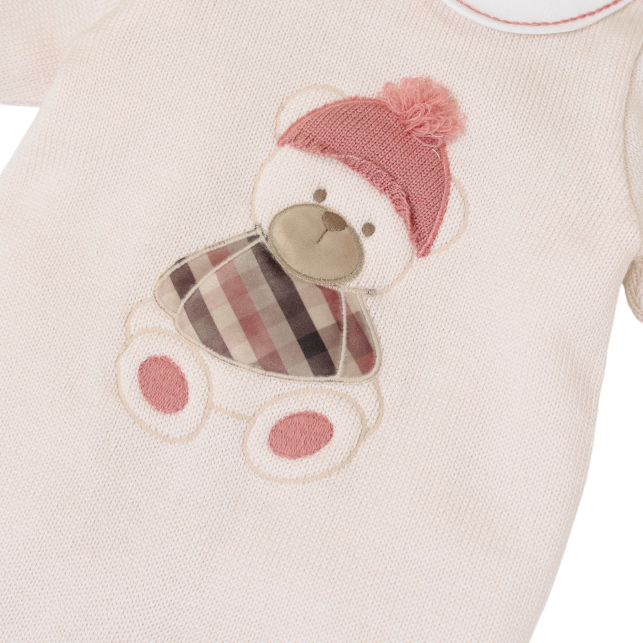 100% Natural Virgin Wool Baby Romper, Pink Bear Design, Hat Included IN7110/R