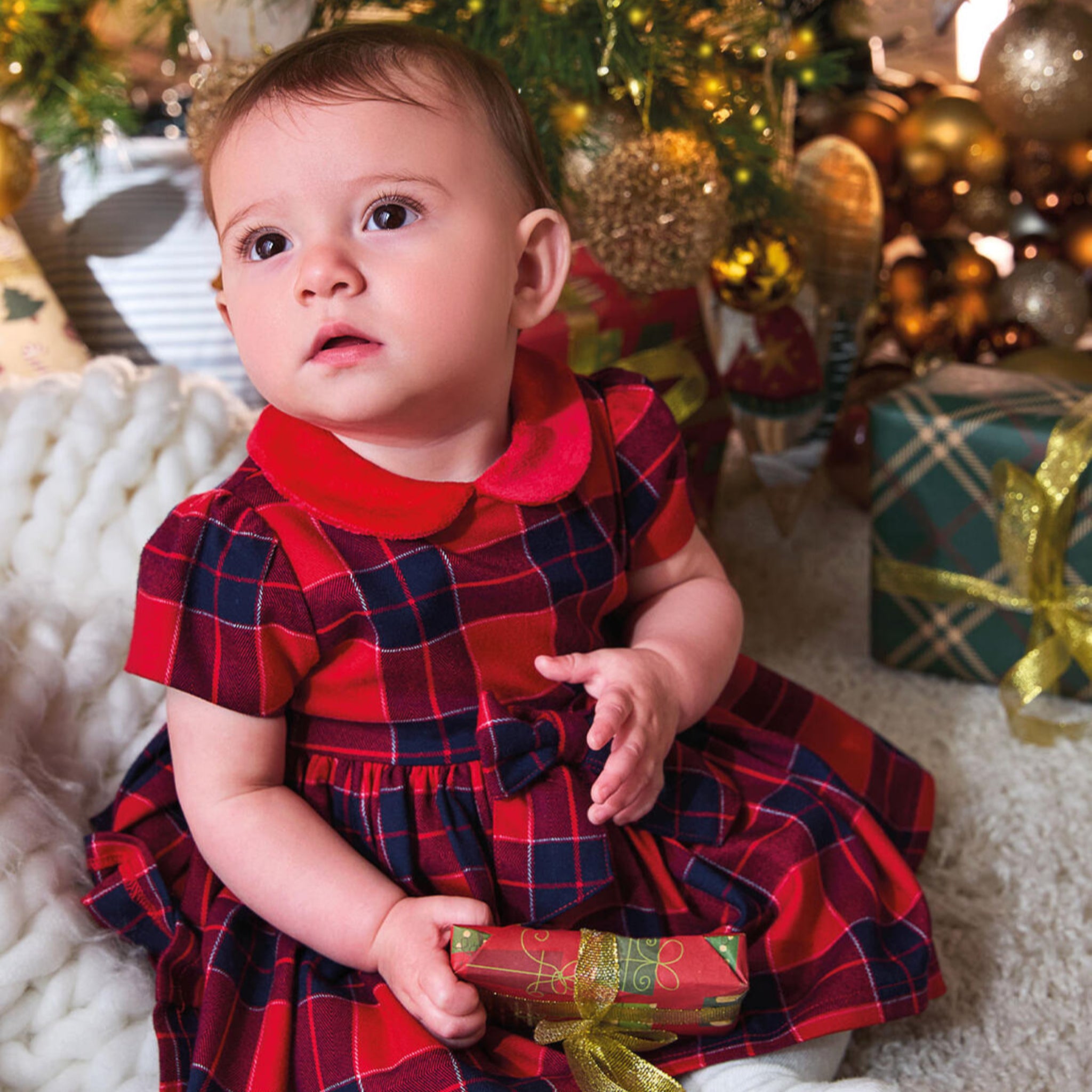 Girls' Red Check Fabric Dress with Sleeves 3F725/2253