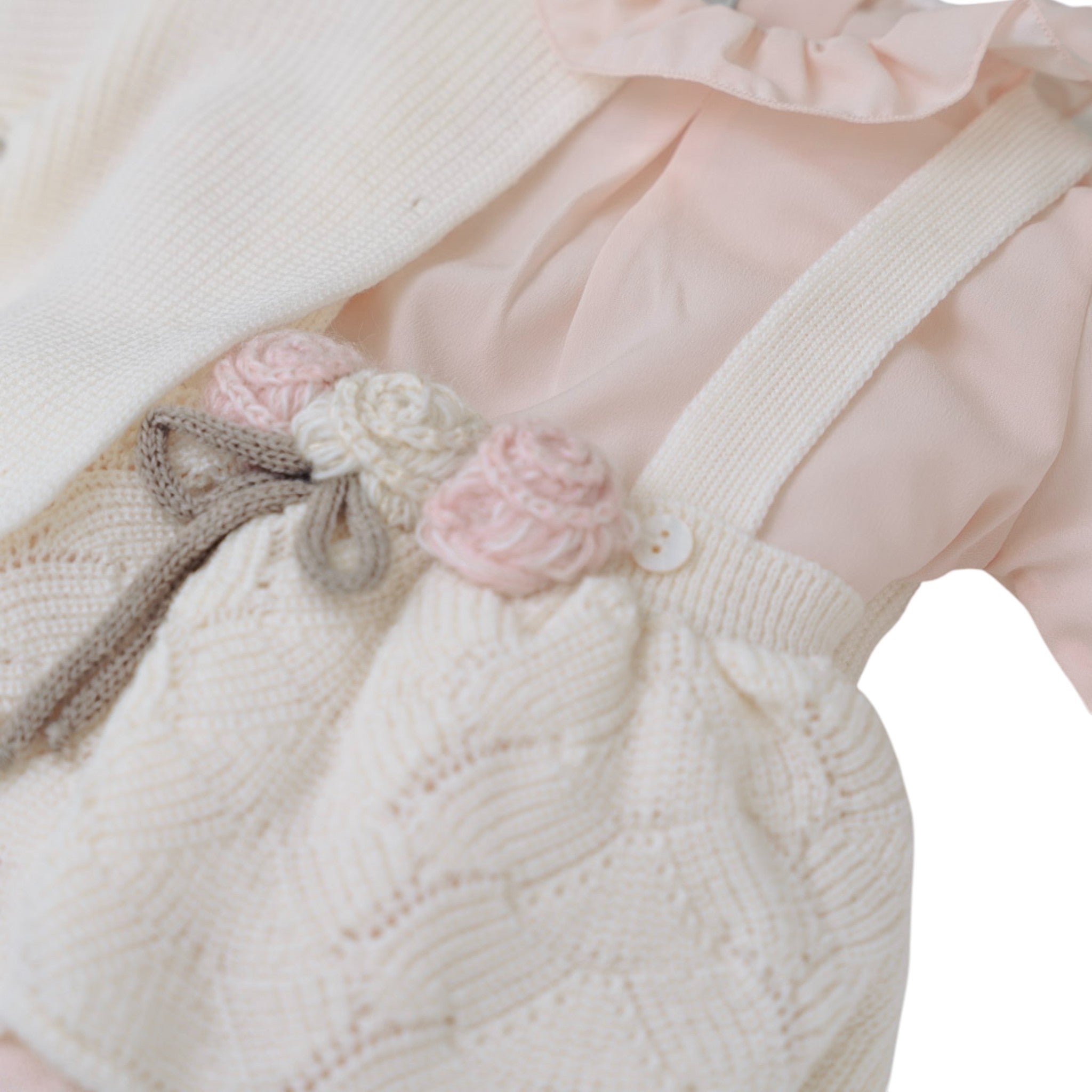 3-Piece Baby Girl Outfit, 100% Virgin Wool, Vanilla Color, Floral Overalls, IN2560