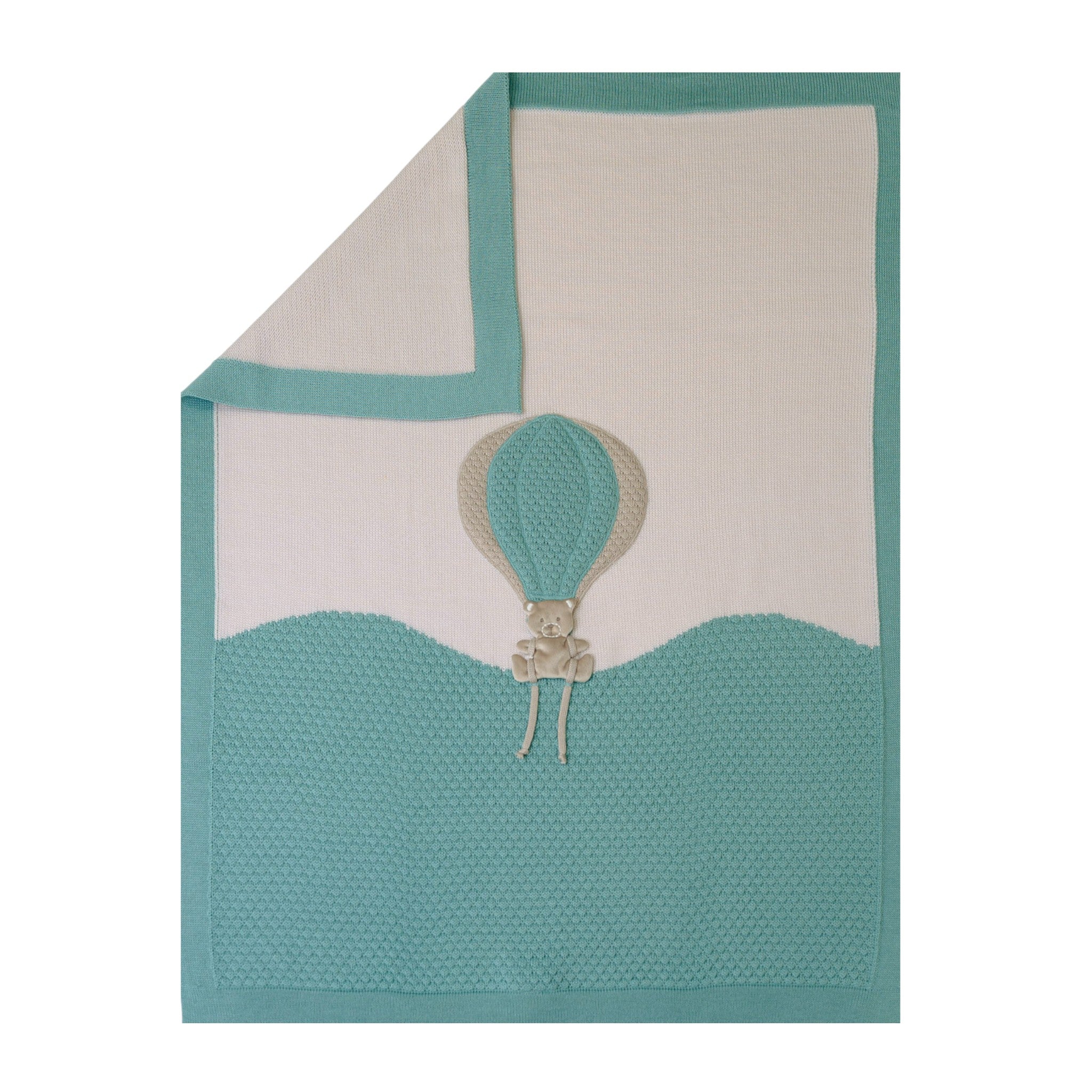 100% Virgin Wool Baby Blanket, Green Hot Air Balloon and Bear Design, IN5780/V