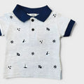 Nanù polo shirt for boys in grey with navy collar and cuffs, featuring a nautical print of sailboats and ship wheels.