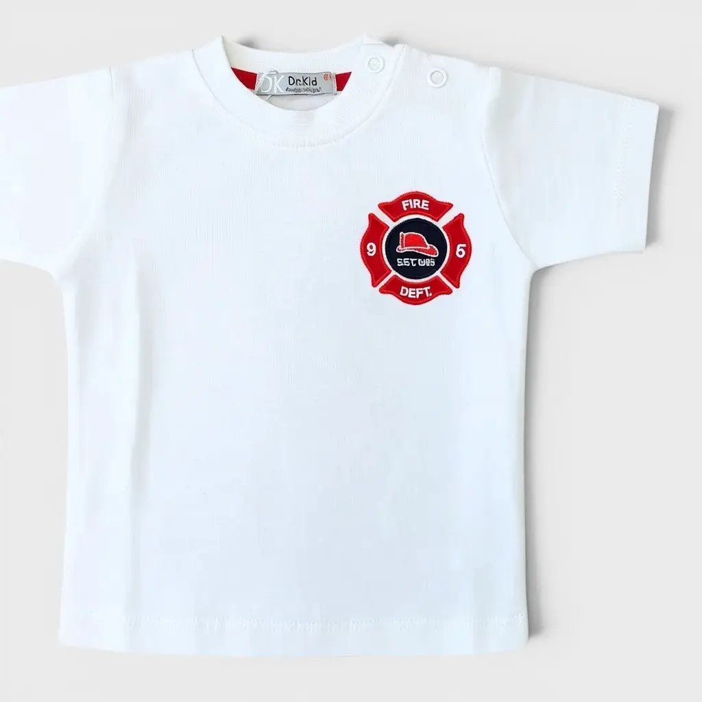 Nanù white cotton t-shirt for boys with a red and black fire department badge graphic on the chest.